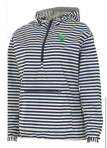 Ladies Charles River Pullover Rain Jacket in Navy/White Stripe