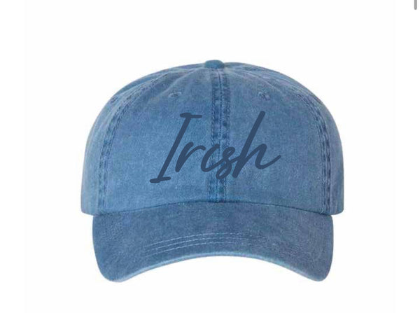 Unstructured Hat with Cursive Irish in Green, White & Blue