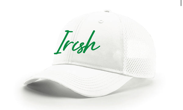 Richardson 222 Airmesh Lite Trucker Hat -White with Kelly Green Cursive Irish