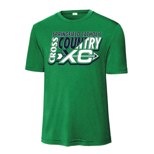 Cross Country Dri Fit T-Shirt Kelly Green and Silver with Quote on back.