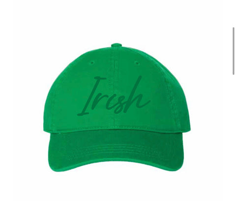 Unstructured Hat with Cursive Irish in Green, White & Blue
