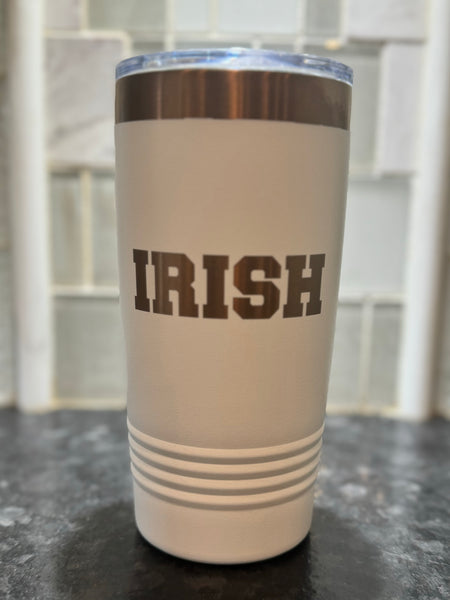 20 oz. IRISH Tumbler White with Rose Gold Writing
