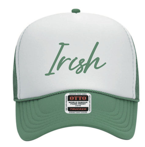 “Cursive Irish” 5 panel Mid Profile Mesh Back Trucker Hat