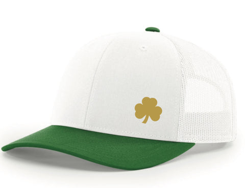 Trucker Hat  White w/ Green Bill Gold Shamrock