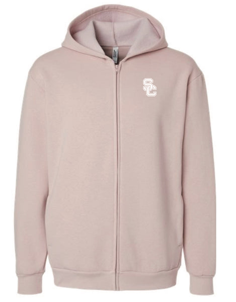 American Apparel Full Zip Hoodie in Blush, Bone,& Sea Blue with White SC Embroidery